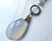 Real Blue Opal Necklace Silver, Black Opal Jewelry, Genuine Fire Opal Necklace, Large Chalcedony Gemstone- Blue Ice