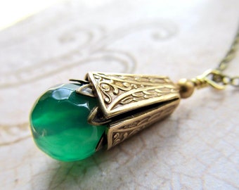 Emerald Art Deco Necklace, Green Art Nouveau Jewelry, Gold Gothic- Opulence