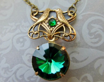 Love Birds Emerald Green Art Deco Wedding Necklace, Gold Art Nouveau Jewelry- Kiss Me