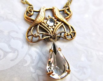 Love Birds Clear Crystal Art Deco Wedding Necklace, Antique Gold Art Nouveau Bridal Jewelry- Kisses