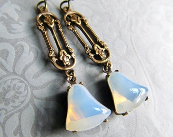 Art Deco Crystal Opal Earrings, Vintage Art Nouveau Bridal Jewelry- Wedding Bells