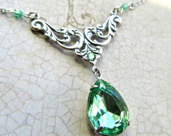 Art Nouveau Peridot Green Necklace, Art Deco Crystal Pendant, Green Wedding- Green Eyed