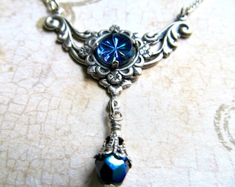 Gothic Blue Pendant Necklace, Art Nouveau Crystal, Princess- Twinkle