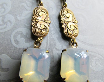 Crystal Opal Art Nouveau Earrings, Vintage Bridal, Art Deco Wedding Dangle Jewelry- Ecstasy