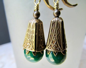 Emerald Art Deco Earrings, Gold Art Nouveau Jewelry, Green Wedding Earrings- Wealth