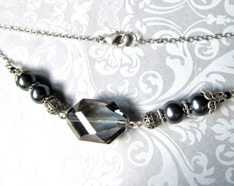 Gothic Black Pearl and Crystal Necklace, Silver and Dark Gray Wedding, Art Nouveau Jewelry - Baroness