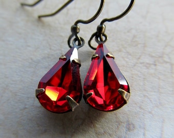 Art Deco Red and Gold Pear Earrings, Ruby Dangle,Art Nouveau Jewelry- Luscious