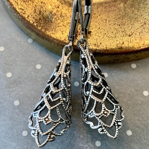 Antique Silver Art Nouveau Filigree Leverback Earrings, Vintage Style Art Deco Dangle- Fancy Free