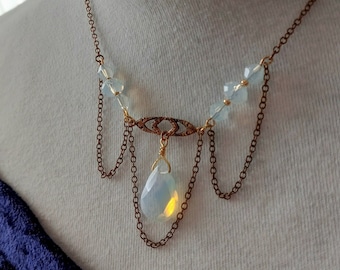 Art Deco Crystal Opal Necklace Set, Art Nouveau Jewelry, Vintage Bride