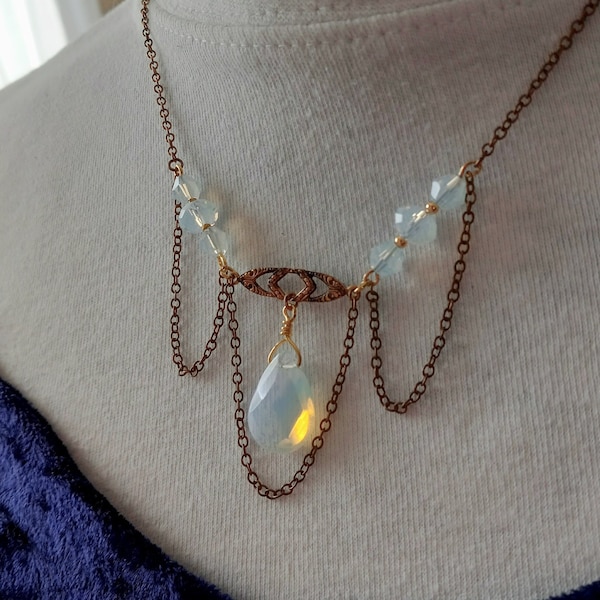 Art Deco Crystal Opal Necklace Set, Art Nouveau Jewelry, Vintage Bride