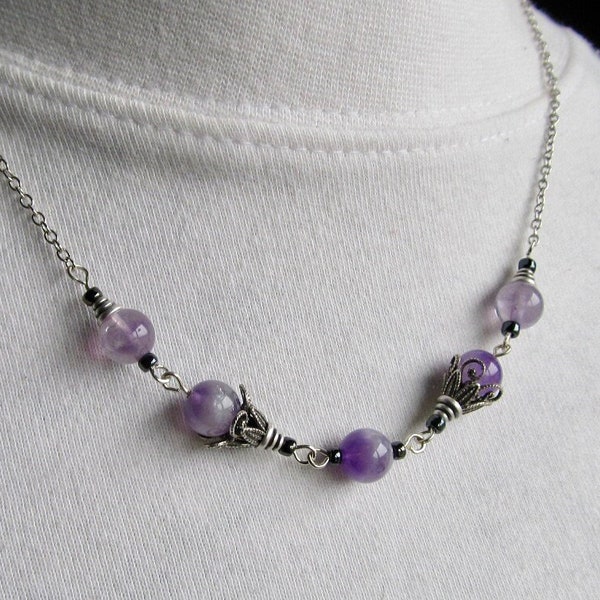 Art Nouveau Amethyst Gemstone Necklace, Silver Art Deco Purple Pendant, Antique Style Jewelry- Sugar Plum