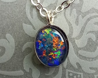Black Fire Opal Pendant, Blue Opal Sterling Silver Necklace, Genuine Real Opal Jewelry- Aussie