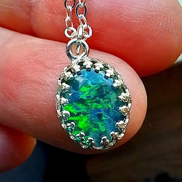 Real Opal Necklace, Sterling Silver Genuine Black Fire Opal Jewelry Pendant- Down Under