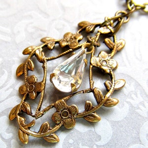 Art Nouveau Crystal Filigree Necklace, Art Deco Wedding Pendant- Flora
