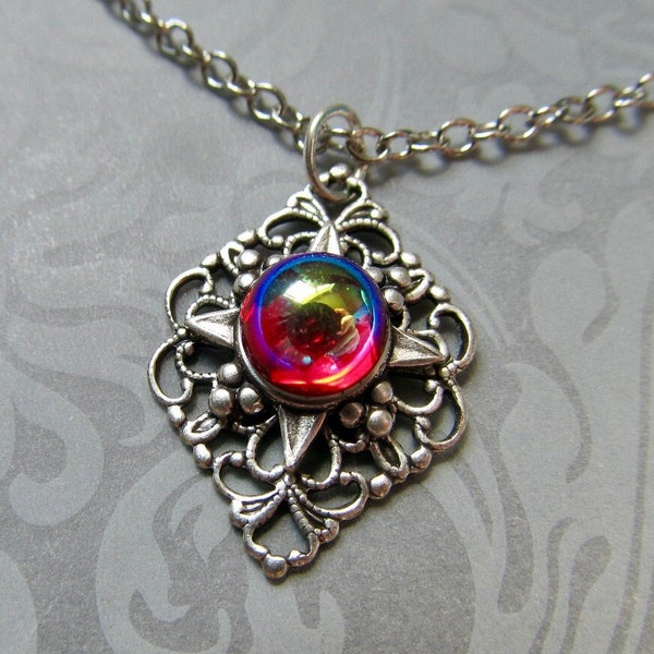Gothic Red Iridescent Necklace, Silver Filigree Pendant, Art Deco Wedding, Aurora Borealis