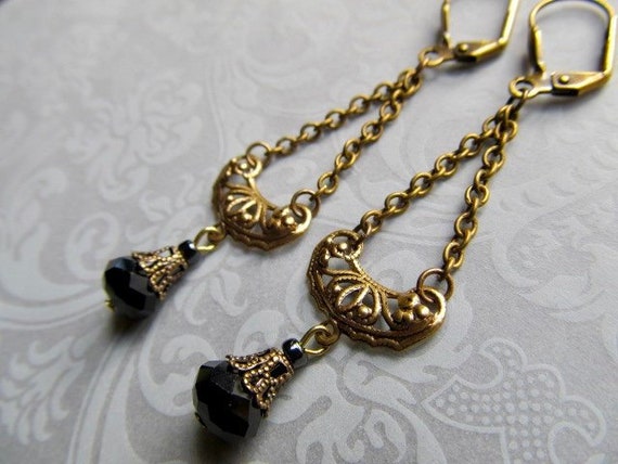 Black Wedding Earrings Gothic Gold Art Nouveau Earrings Art Deco 1920s Jewelry Sphynx