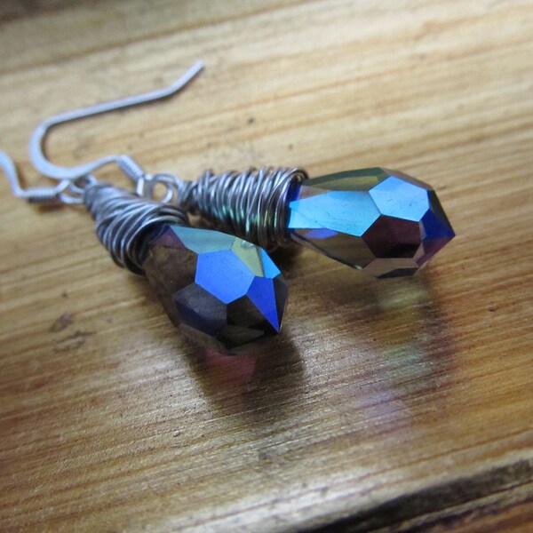 Simple Elegance- Black Diamond AB Crystal with Blue Shimmer Silver Ear Wires earrings