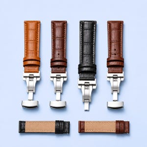 Luxury Leather Watch Band with Butterfly Clasp, Crocodile Embossed Watch Strap, Genuine Leather Replacement Band, 18mm 20mm 22mm 24mm
