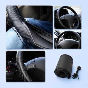 May include: A black perforated leather steering wheel cover featuring a DIY stitching design. The set includes the cover material and a matching black thread for installation, shown applied to a vehicle steering wheel with visible control buttons.