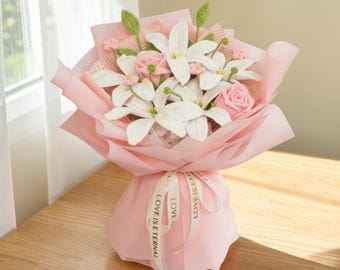 Gehäkelter Lilien- und Rosenstrauß, Rosa und Weiß, Genesungsgeschenk