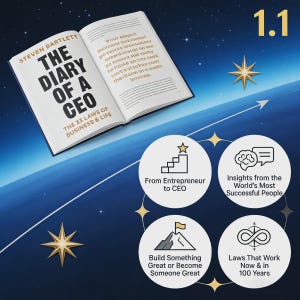 Peut inclure: Un livre ouvert intitul&eacute; "The Diary of a CEO" de Steven Bartlett, avec du texte sur les pages. L'image comprend des graphiques avec le texte : "From Entrepreneur to CEO", "Insights from the World's Most Successful People", "Build Something Great or Become Someone Great", et "Laws That Work Now & in 100 Years".