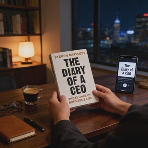 Peut inclure: Une personne tient un livre intitul&eacute; "THE DIARY OF A CEO" de Steven Bartlett. Le livre est de couleur cr&egrave;me avec du texte noir. Un smartphone affiche le m&ecirc;me titre. Une tasse de caf&eacute;, des lunettes et un carnet sont sur une table en bois.