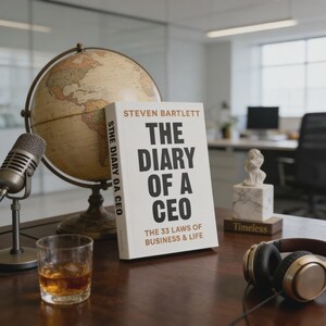Peut inclure: Une composition de nature morte avec un livre intitul&eacute; "The Diary of a CEO" de Steven Bartlett, un globe terrestre, un microphone, un verre de whisky et un casque audio. Un petit buste en marbre et le mot "Timeless" sont &eacute;galement visibles.