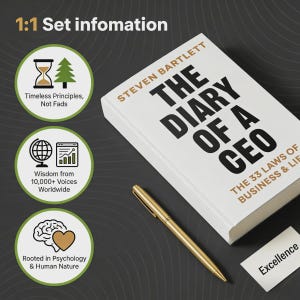 Peut inclure: Un livre &agrave; couverture rigide intitul&eacute; "The Diary of a CEO" de Steven Bartlett, avec un stylo dor&eacute; et une petite carte blanche avec le mot "Excellence". Le livre est blanc avec du texte noir. L'image comprend &eacute;galement trois graphiques circulaires avec du texte.