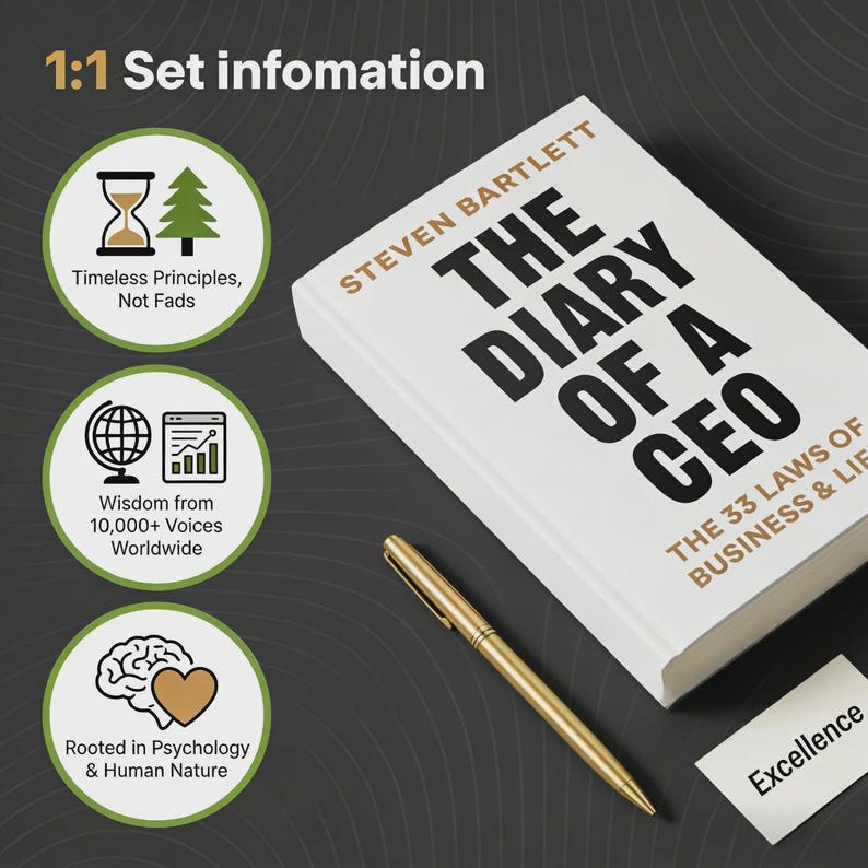 Peut inclure: Un livre &agrave; couverture rigide intitul&eacute; "The Diary of a CEO" de Steven Bartlett, avec un stylo dor&eacute; et une petite carte blanche avec le mot "Excellence". Le livre est blanc avec du texte noir. L'image comprend &eacute;galement trois graphiques circulaires avec du texte.