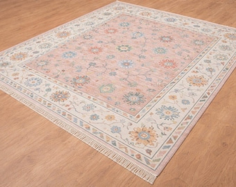 Alfombra Oushak anudada a mano, alfombra de lana rosa pastel para sala de estar, alfombra floral tradicional, alfombra grande de tamaño personalizado de 5x8, 6x9, 8x10 y 9x12.