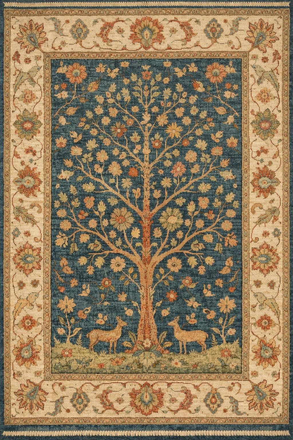 Tree of Life Hand Knotted Wool Rug, Blue vintage Area Rug for Living Room, Custom Size Handcrafted Rug, 5x8 6x9 8x10 9x12 10x14 Large Carpet