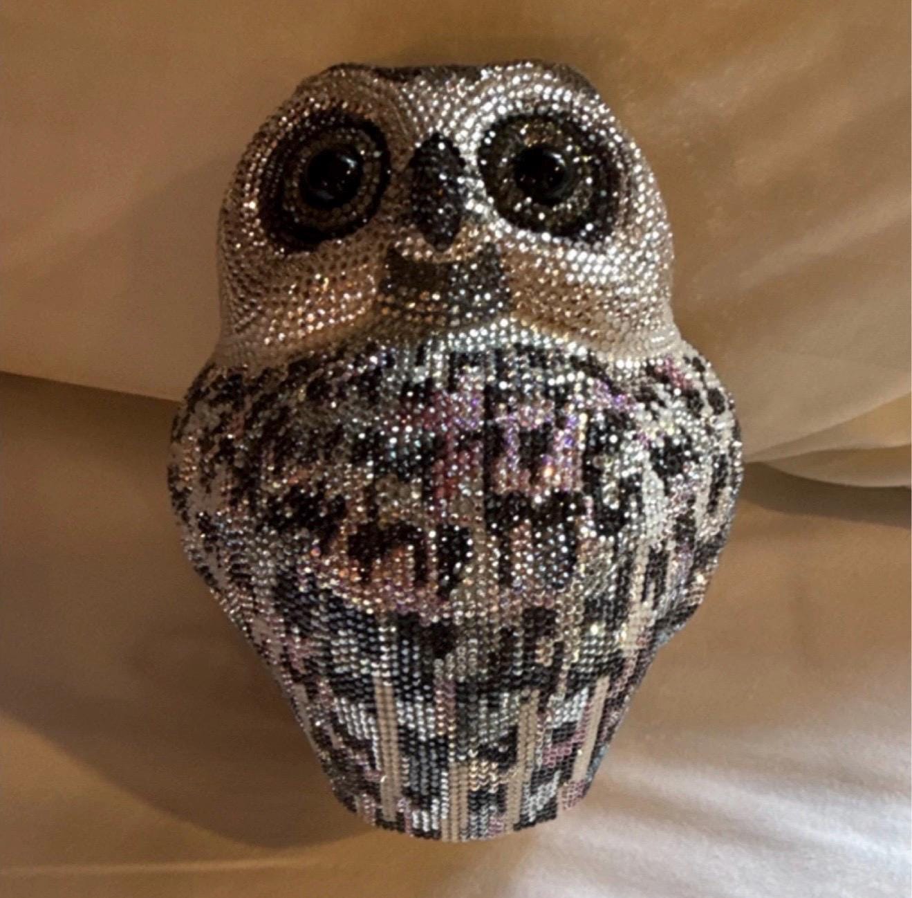 Beautiful Unique Judith Leiber Owl Crystal Minaudiere Clutch with Chain Strap and Accessories