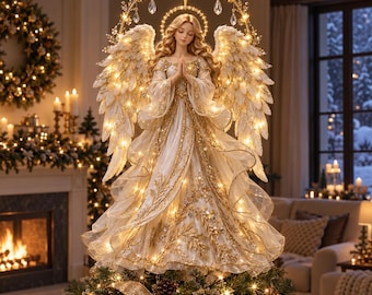 Lighted Angel Christmas Tree Topper, Gold Glowing Holiday Angel with Crystal & LED Lights, Elegant Christmas Tree Decor, Holiday Gift
