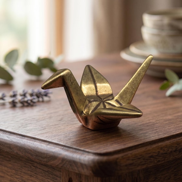 Vintage Brass Origami Crane Figurine • Antique Metal Bird Sculpture • Zen Desk Ornament • Unique Housewarming Peace Gift
