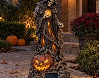 Lighted Grim Reaper Solar Halloween Statue, Skeleton Sorcerer Garden Prop, Glowing Orb Pumpkin Base Gothic Yard Decor