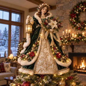Op de afbeelding: Een decoratieve kerstboompiek in de vorm van een pop, gekleed in een donkergroene fluwelen jurk met witte imitatiebontrand, die een gouden lantaarn en een boeket van witte kerststerren, dennenappels en rode bessen vasthoudt.