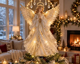 Lighted Angel Christmas Tree Topper, Gold Glowing Holiday Angel with Crystal & LED Lights, Elegant Christmas Tree Decor, Holiday Gift