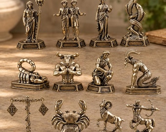12 Zodiac Sign Figuren Set - Vintage Bronze Astrologie Statuen, Mythologische Konstellations Skulpturen, Pagan Alter Decor