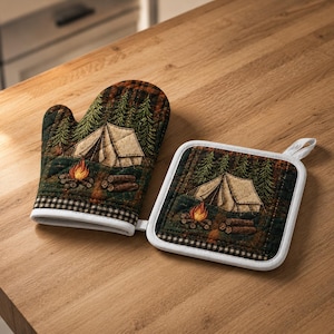Regalo acogedor para mamá en el camping, juego de manoplas y agarraderas rústicas a cuadros para fogata, decoración de cocina para cabaña de montaña en el bosque, regalo para hornear en otoño