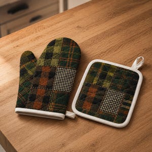 Acogedor regalo de patchwork a cuadros para mamá, juego de manoplas y agarraderas de horno de tartán verde y naranja, decoración rústica de cocina de granja, regalo para hornear en otoño