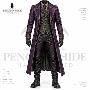 May include: A long purple leather trench coat worn over a green vest, a patterned shirt with a tie, and dark trousers. The outfit includes black leather gloves, black boots, and a silver chain. Text reads PENGUIN HIDE HANDCRAFTED and LEATHER COSTUMES FOR A DARKER WORLD.
