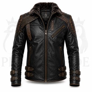 May include: A black leather jacket with a dark brown faux fur collar, featuring distressed brown leather shoulder panels, a front zip fastening, multiple zipped pockets, and adjustable buckled straps at the cuffs and waist sides.