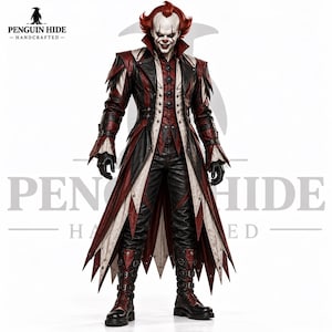 Può includere: Un costume a figura intera caratterizzato da un lungo cappotto strutturato con pannelli rosso scuro, neri e bianco sporco con dettagli dell'orlo a punta. L'outfit include pantaloni scuri abbinati, guanti neri e stivali con fibbie e maschera da clown.
