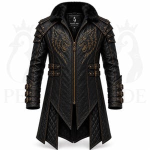 Handgefertigter Wikinger-Ledermantel: Fenrir-Wolf-Stickerei, mittelalterliche Kriegerjacke