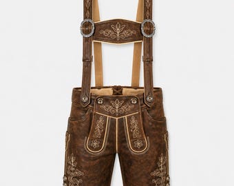 Pantaloncini Lederhosen in pelle fatti a mano, pantaloni in stile bavarese, ricami tradizionali, abbigliamento per l'Oktoberfest
