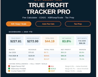 Etsy Winsttracker | Ware winst na kosten en kostenkosten | Kill Keep-schaal | Belastingvoorbereiding | Excel Google Spreadsheets