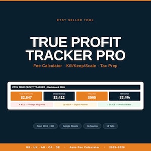 Rastreador de ganancias de Etsy / Ganancia real después de comisiones y costo de los bienes vendidos / Báscula Kill Keep / Preparación de impuestos / Hojas de cálculo de Excel y Google