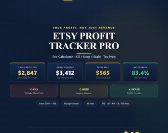 Etsy Winsttracker | Ware winst na kosten en kostenkosten | Kill Keep-schaal | Belastingvoorbereiding | Excel Google Spreadsheets