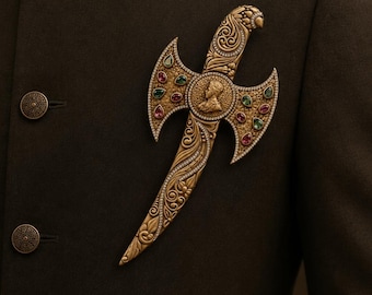 Broche de espada de oro antiguo, broche de espada medieval, broche renacentista real, accesorio para traje, broche llamativo con piedras preciosas, joyería para bodas