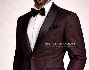 Bordeauxrode jacquard smoking kostuum heren, paisley-trouwkostuum, zwarte sjaal revers smoking, kostuum bruidegom, luxe aangepaste formele kleding